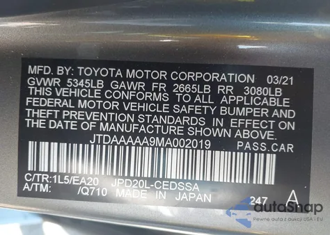 2021 Toyota Mirai Xle из США, поврежденный, VIN JTDAAAAA9MA002019